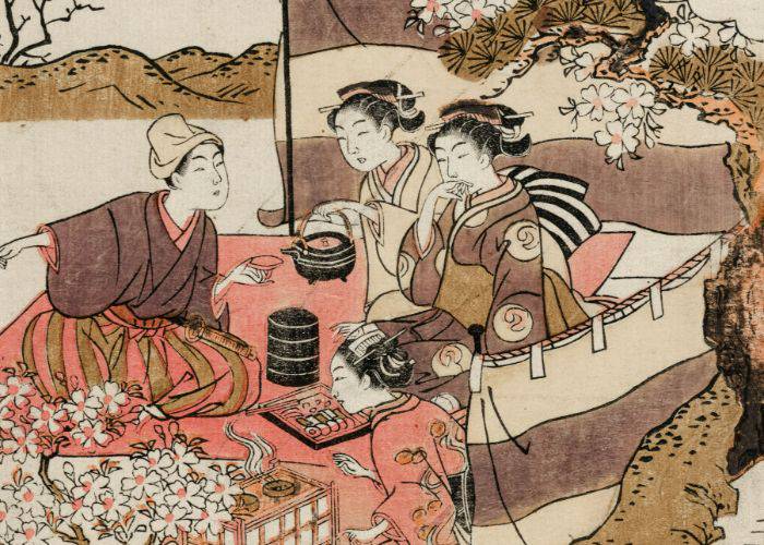 A traditional Japanese woodblock print of three women pouring tea and preparing food.